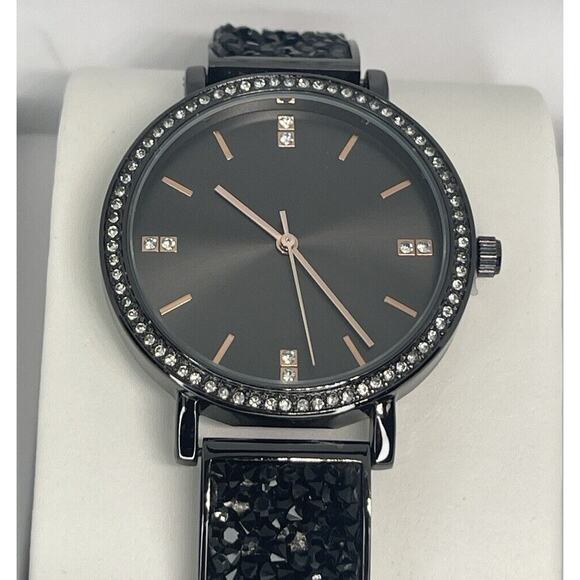 Black Tone Druzy Stone Women's Watch Trendy Fashion Stunning Crystal Bezel NWT - Picture 1 of 16
